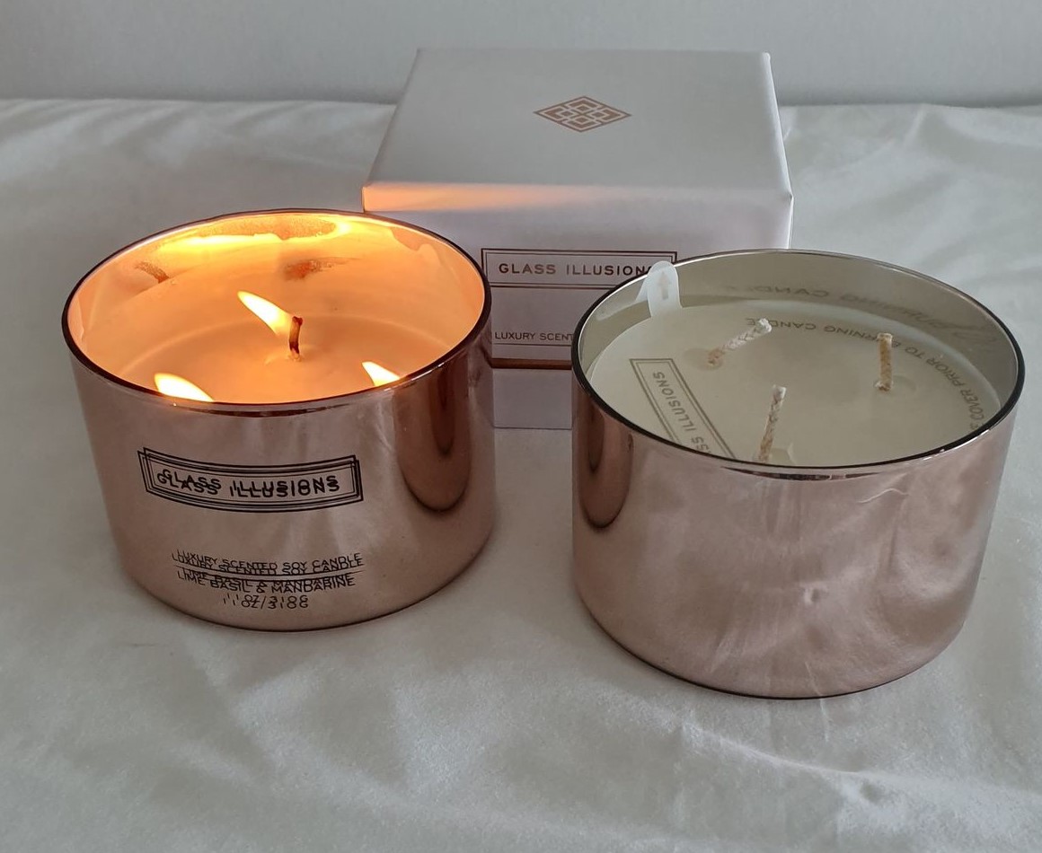 Image 1 for   Soy Wax Candle in Gold Glass Bowl 3 Wick Lime Basil & Mandarine will be ambience to your room. Gift boxed