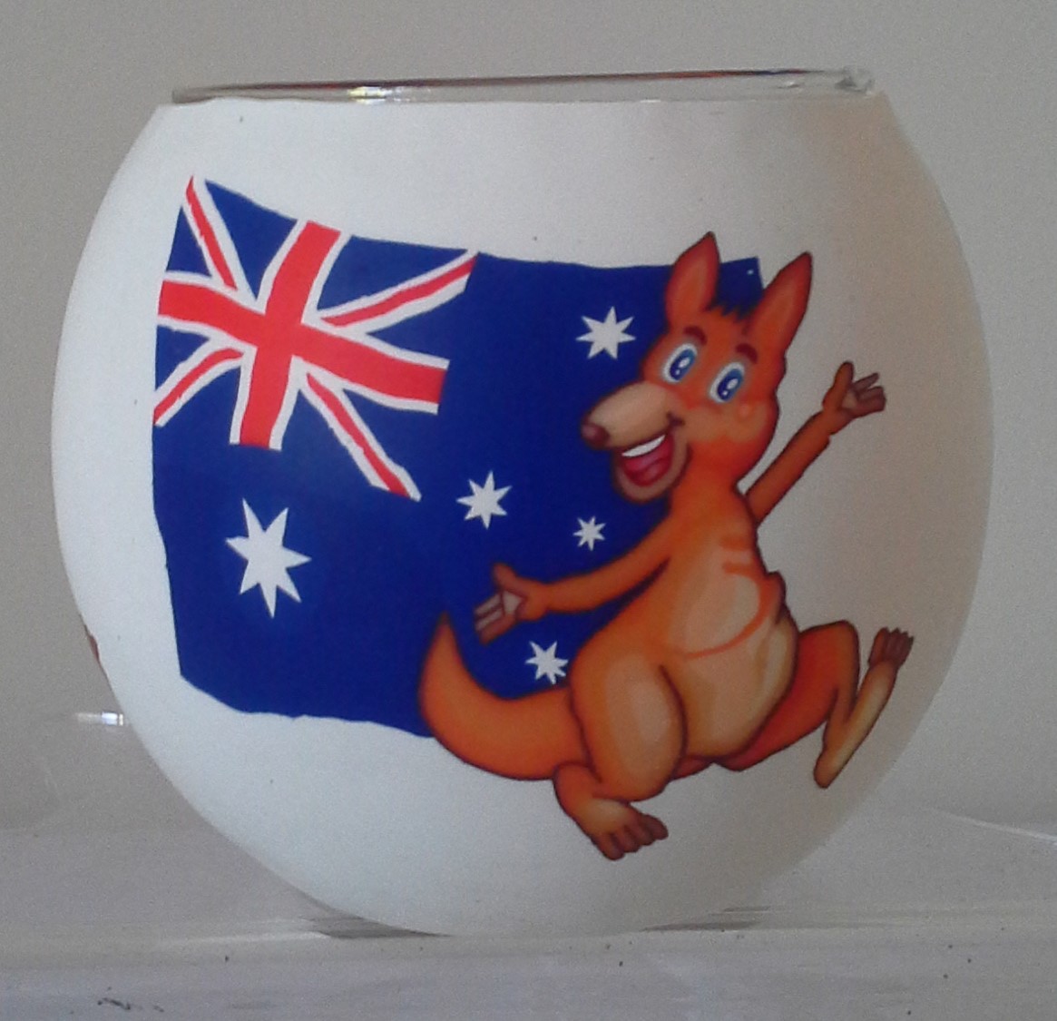 Image 1 for  Glowing Glass Candle Holder Aussie  Kangaroo and Flag  Gift Boxed