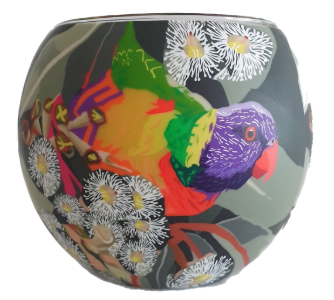 Image 1 for  Glowing Glass Tealight Holder Lorikeet & Gum Leaves Gift Box