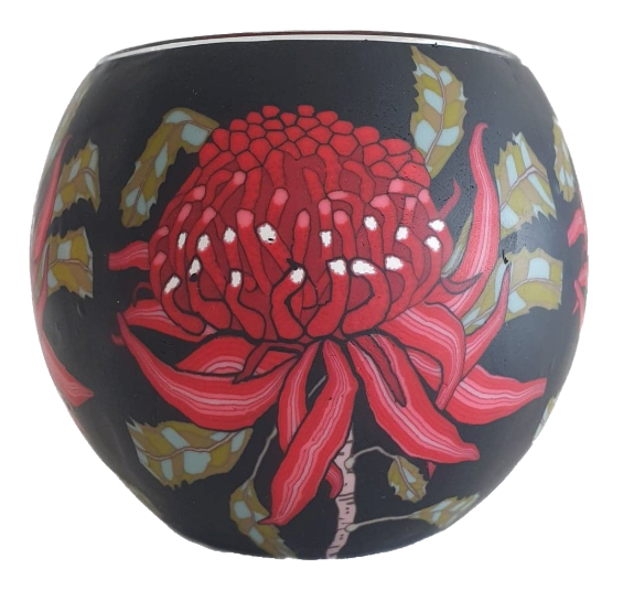 Image 1 for  Glowing Glass Candle Holder Australian Waratah Flower the color illuminates once lit, Gift Boxed