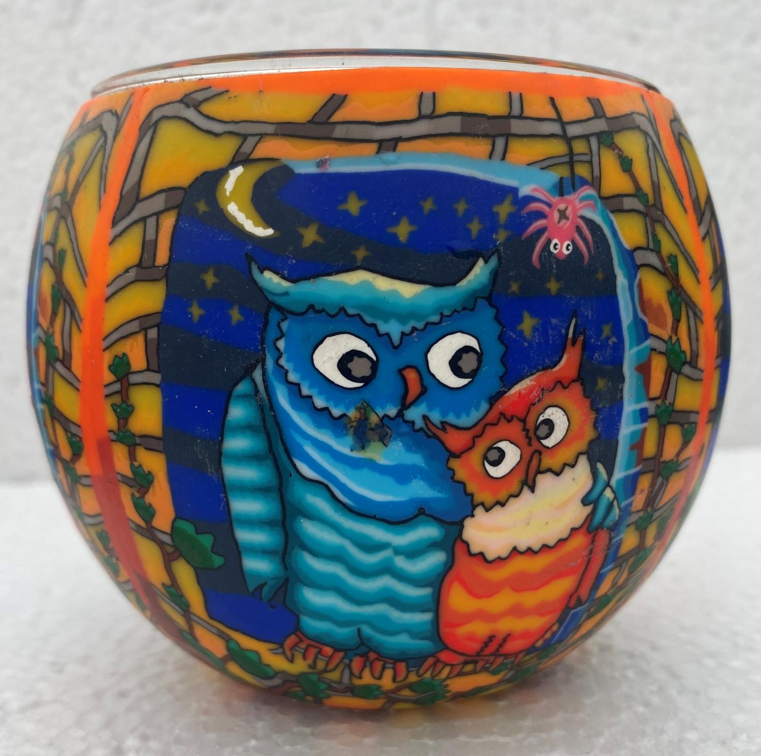 Image 1 for  Glowing Glass Tealight Holder Owls at Night Gift Boxed