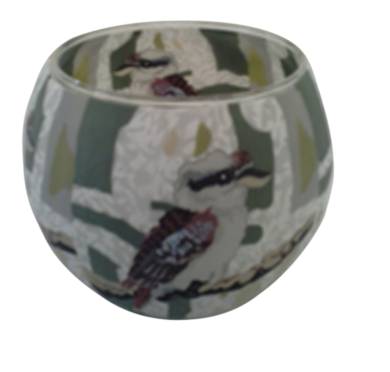 Image 1 for Candle Holder Glowing Glass incl tea Light Candle  Fimo Clay Illuminates from the inside to outside this Kookaburra Cute Aussie Birds