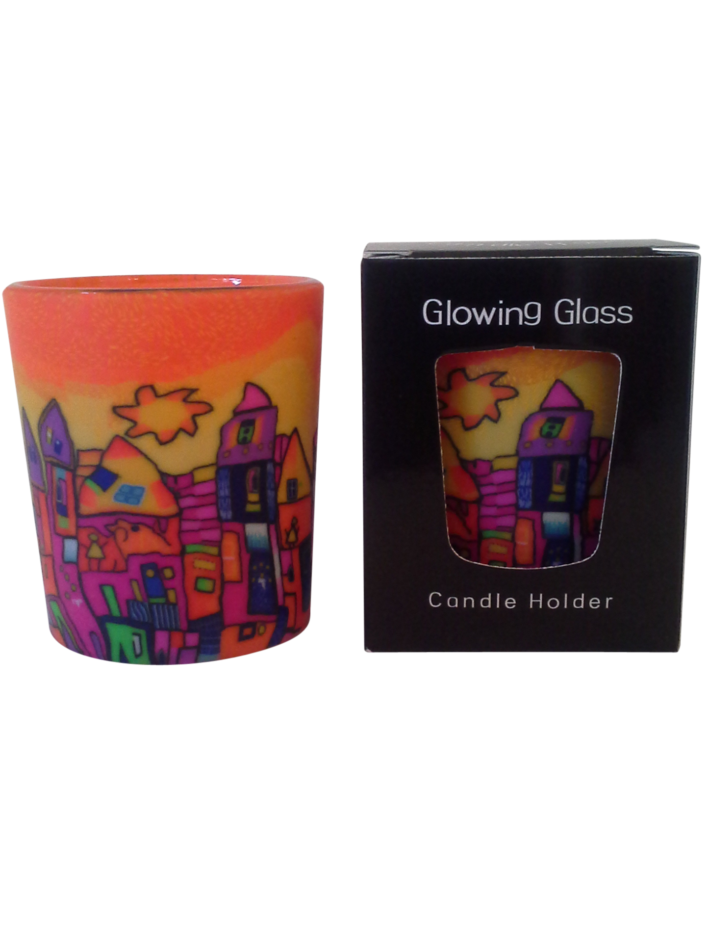 Image 1 for Tealight Holder Glass Votive Yellow Town Gift Boxed