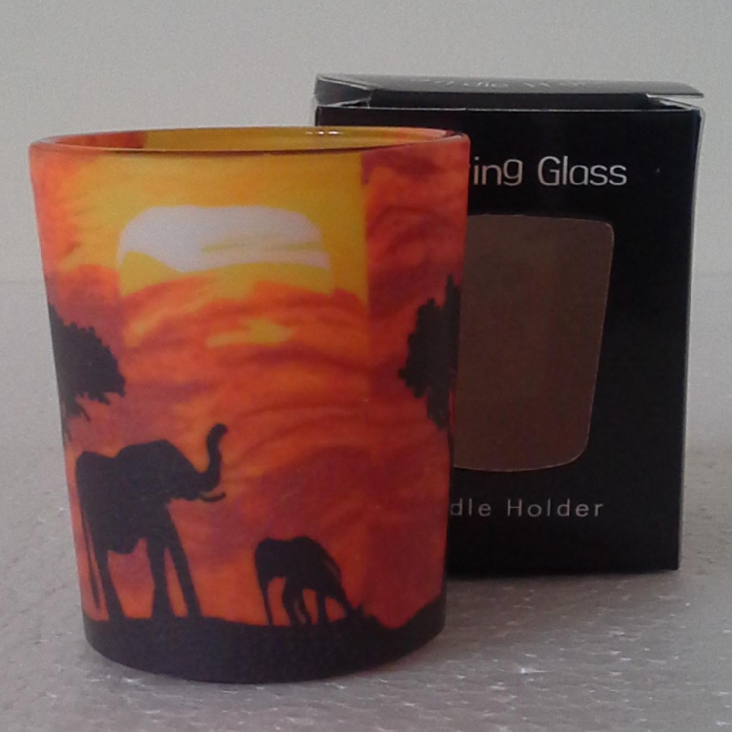 Image 1 for Tealight Holder Glass Votive Sunset Elephant Gift Boxed